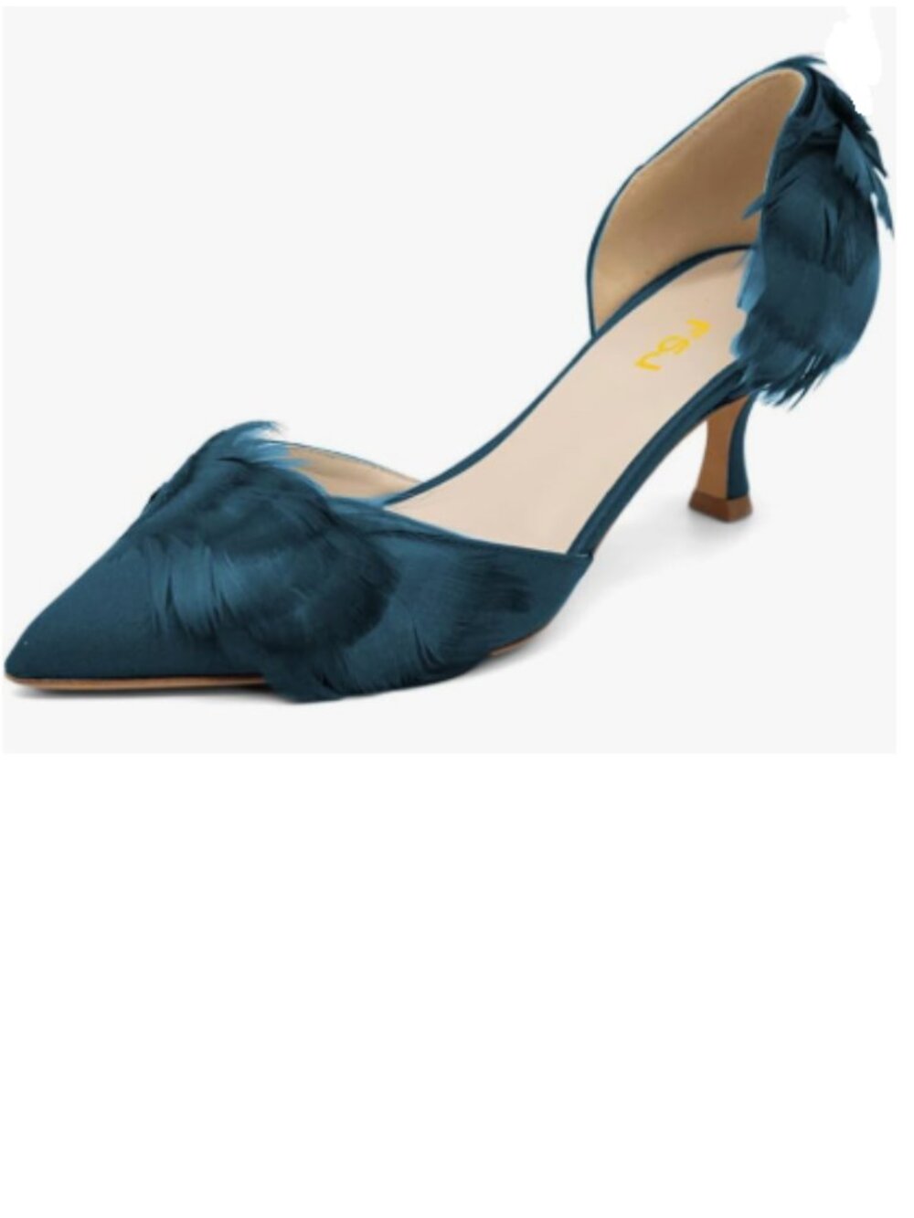 FSJ Teal D'Orsay Kitten Low Heels Pumps Closed Pointed Toe Slip-On Feather Shoes